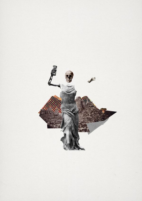 Warning Collage depicting a death-like figure holding an hour glass