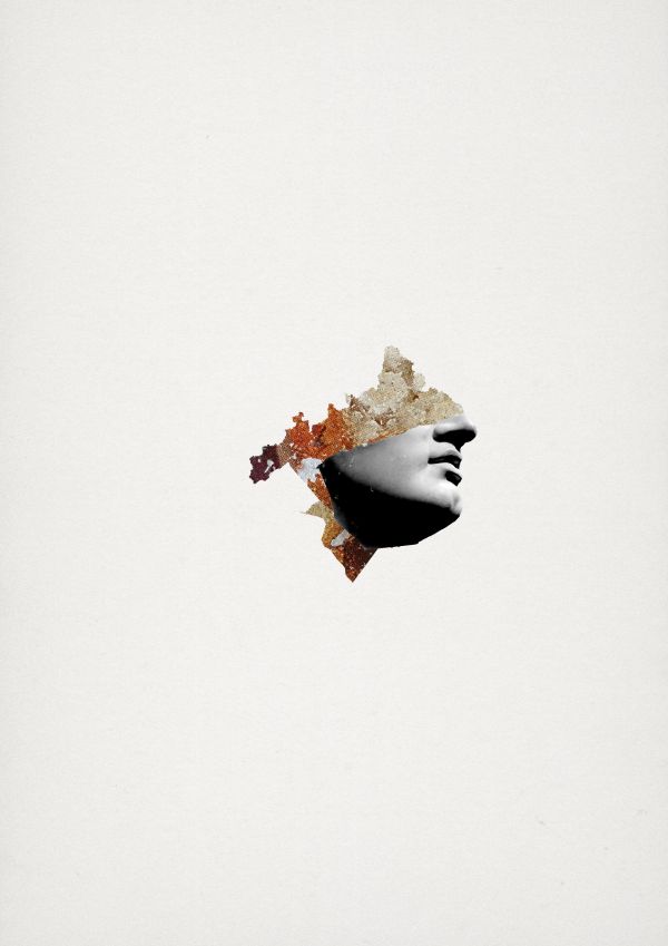 Collage consisting of a half face from a sculpture, a spine and parts from a print screen