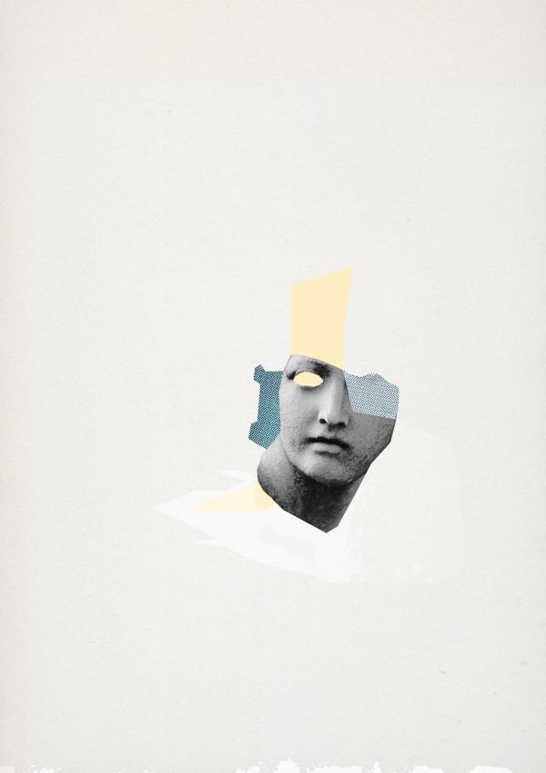 Indifference Collage consisting of a half face from a sculpture, color blocks and parts from a print screen