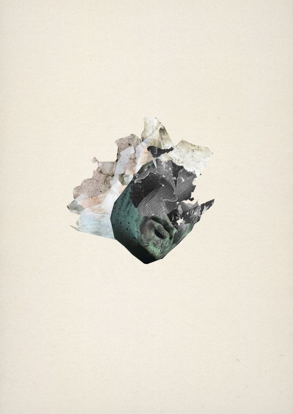 Tau Collage consisting of a half face from a sculpture and different parts from print screens