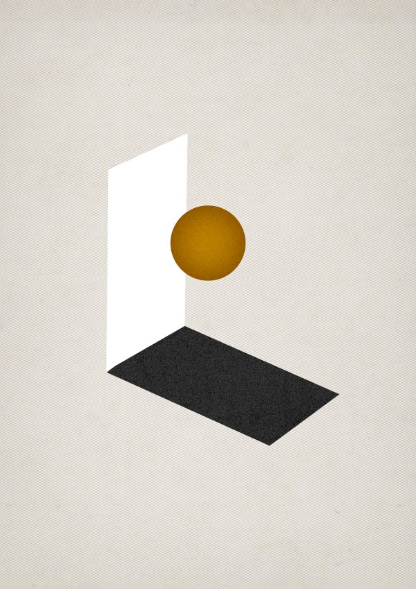 Elevation Collage depiciting a galden sphere emerging from a black void