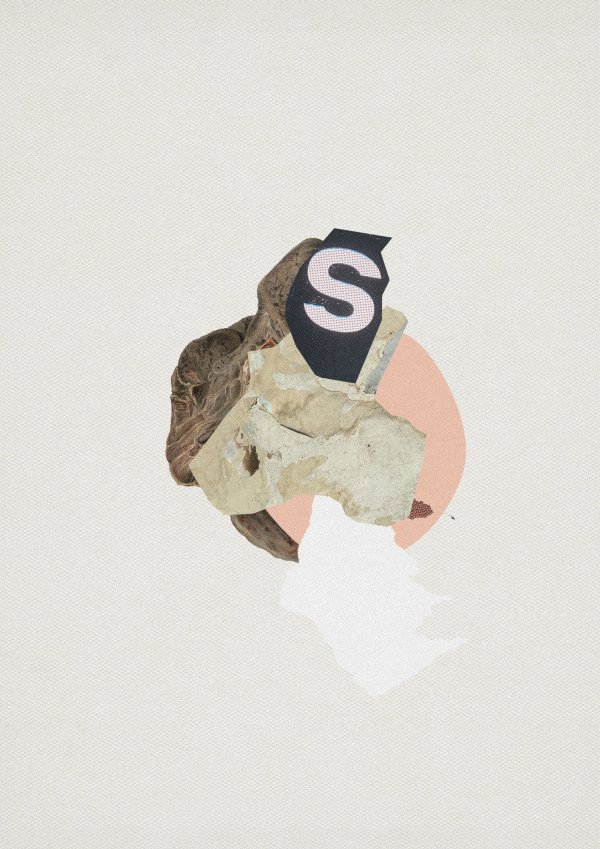 S Collage consisting of different cutouts from poster - for instance the letter s - and a malignoma illustration