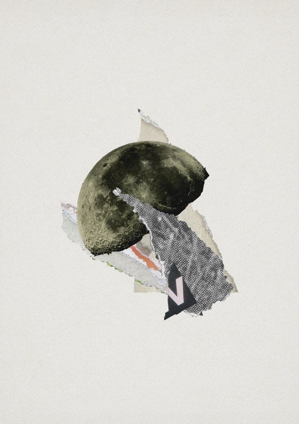 Shroon Collage consisting of different cutouts from a billboard poster and an old illustration of the moon