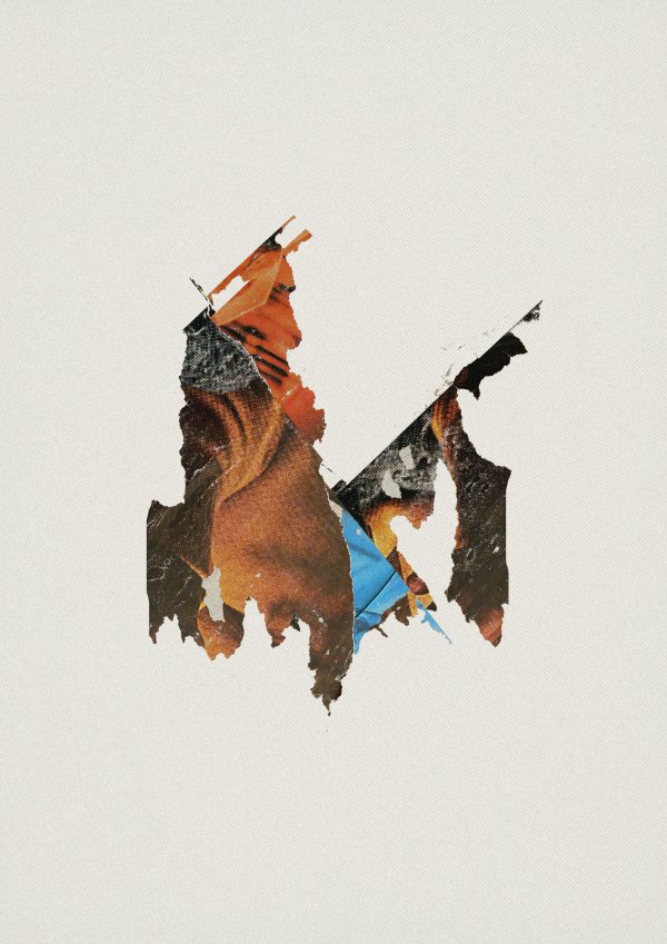 V Abstract collage consisting of parts from an advertising poster/print screen